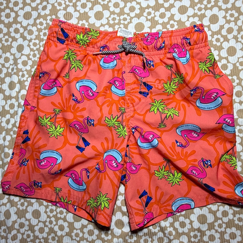 Neon Flamingo Print Swim Shorts - Coral Orange